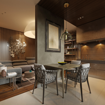 dining room with style kitchen